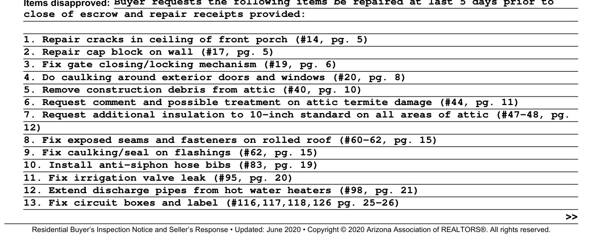 First page of a real Arizona BINSR repair request: items 1 through 13, including the rolled-roof seam repair