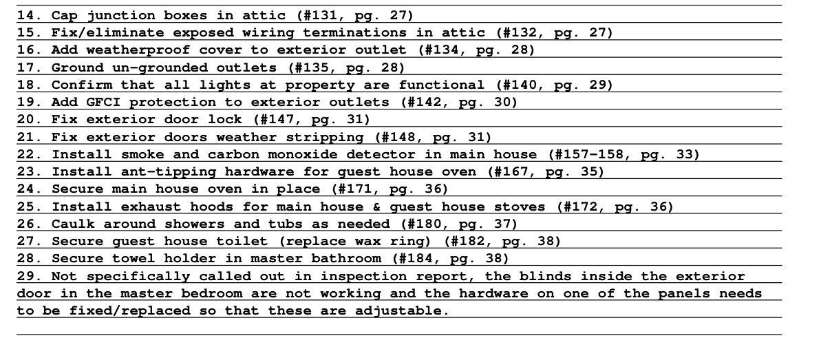Second page of the same Arizona BINSR repair request: items 14 through 29, mostly small electrical and hardware fixes