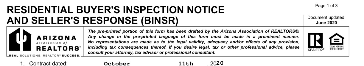Header of the Arizona Association of REALTORS Residential Buyer's Inspection Notice and Seller's Response (BINSR) form