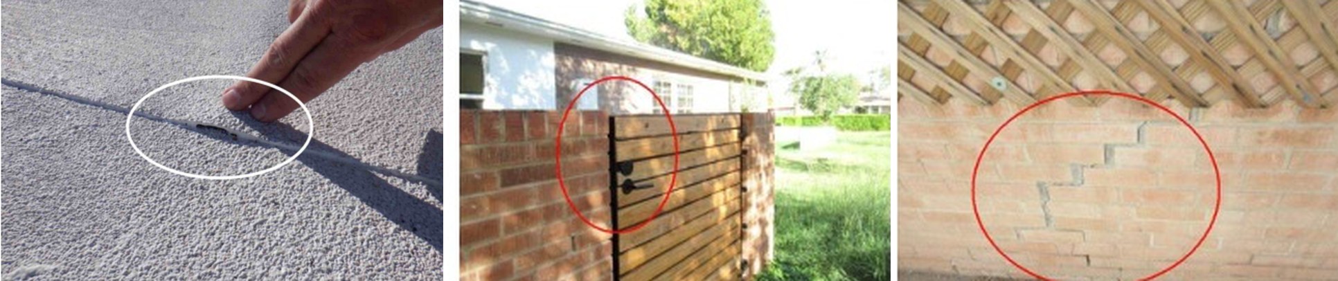 Three home-inspection findings circled by an inspector: open seams on a rolled composition roof, a flagged gate at a brick wall, and a stair-step masonry crack
