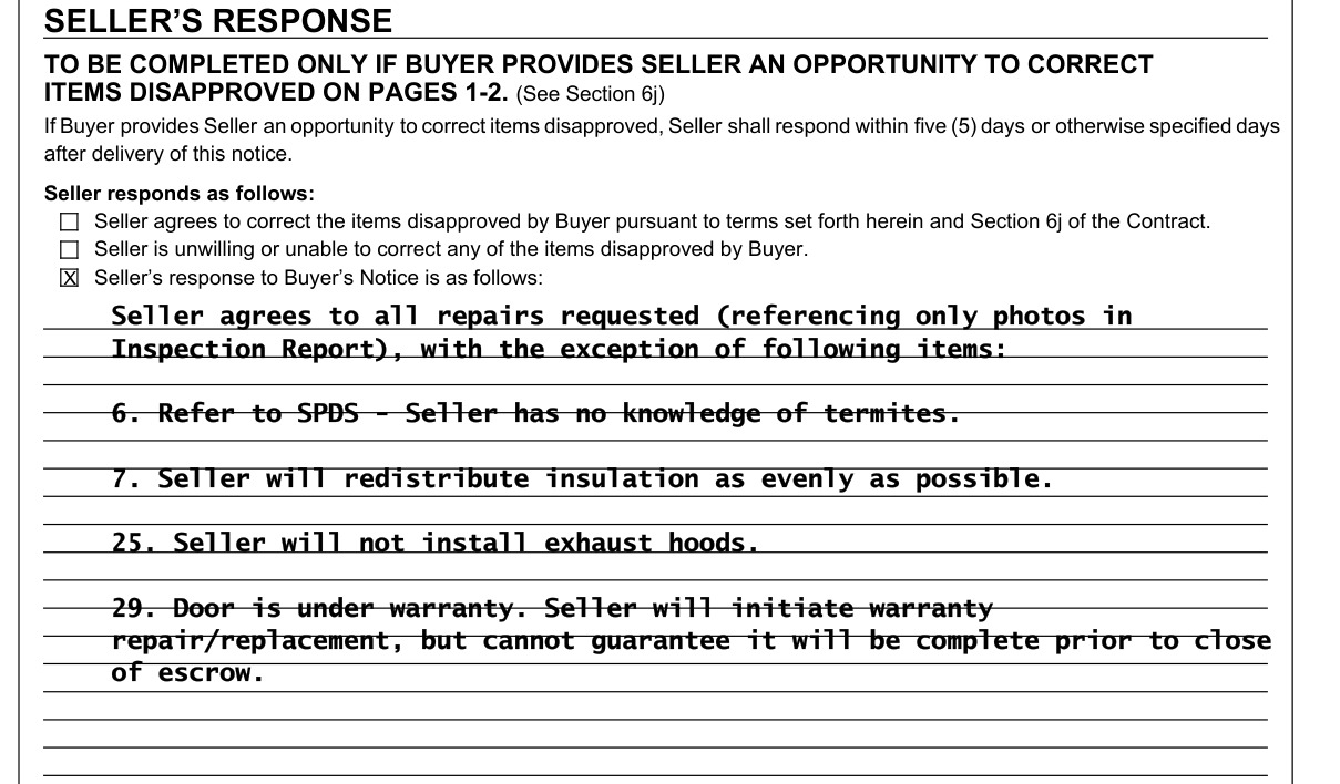 The Seller's Response section of a real Arizona BINSR: seller agrees to all repairs with four written exceptions