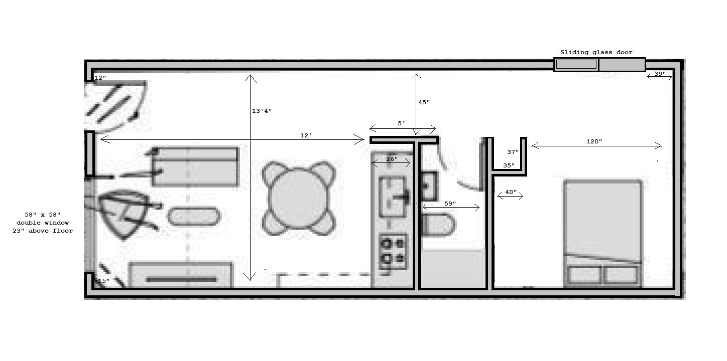 Dimensioned floor plan sketch of a one bedroom guest house showing living area, kitchenette, bathroom and bedroom