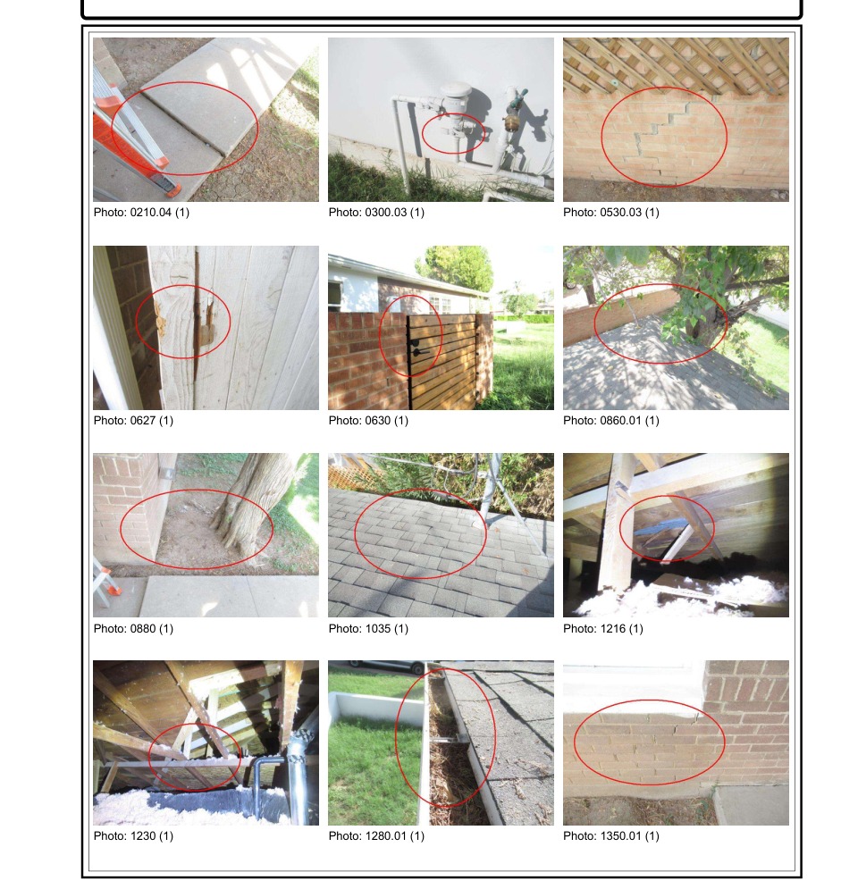 A condensed-report page from a Phoenix home inspection: twelve photos with red circles marking findings like cracks, gates, and attic debris