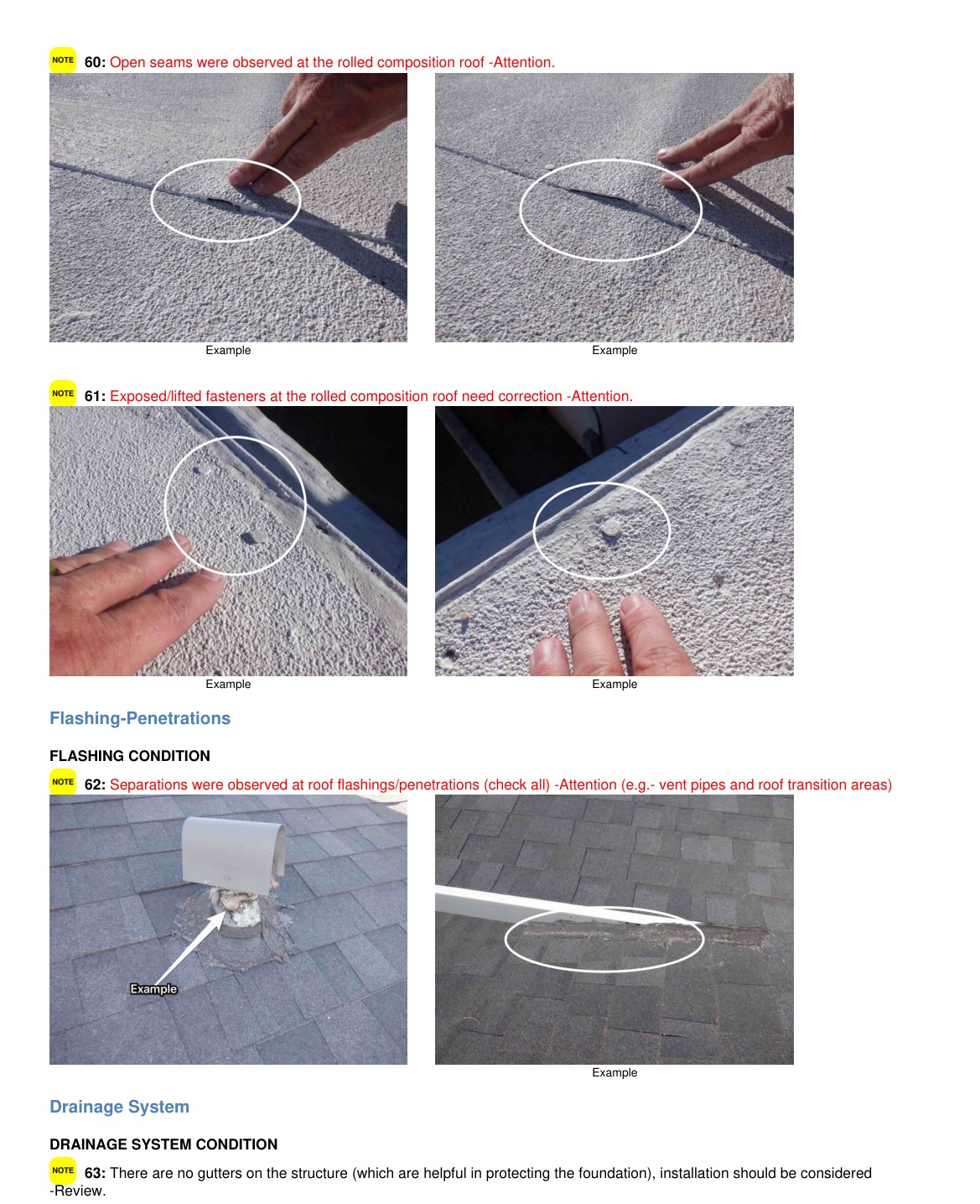 Inspection report page showing open seams and lifted fasteners on a rolled composition roof, with photos and inspector notes
