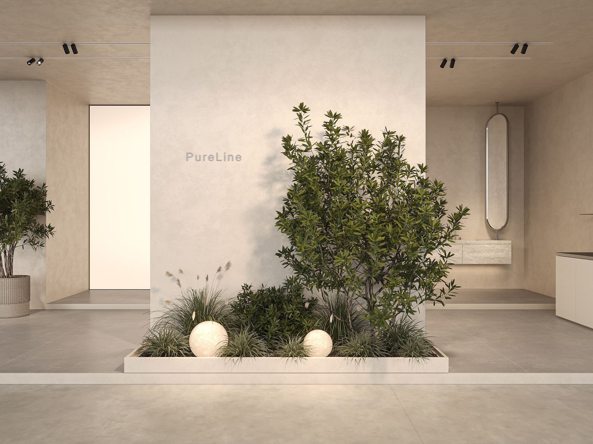 Modern interior with seamless microcement wall and floor surfaces in a soft grey