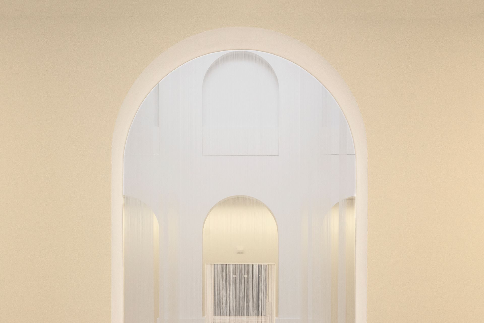 A smooth cream-colored round-top archway with no door or trim, framing a white room beyond with more arched openings