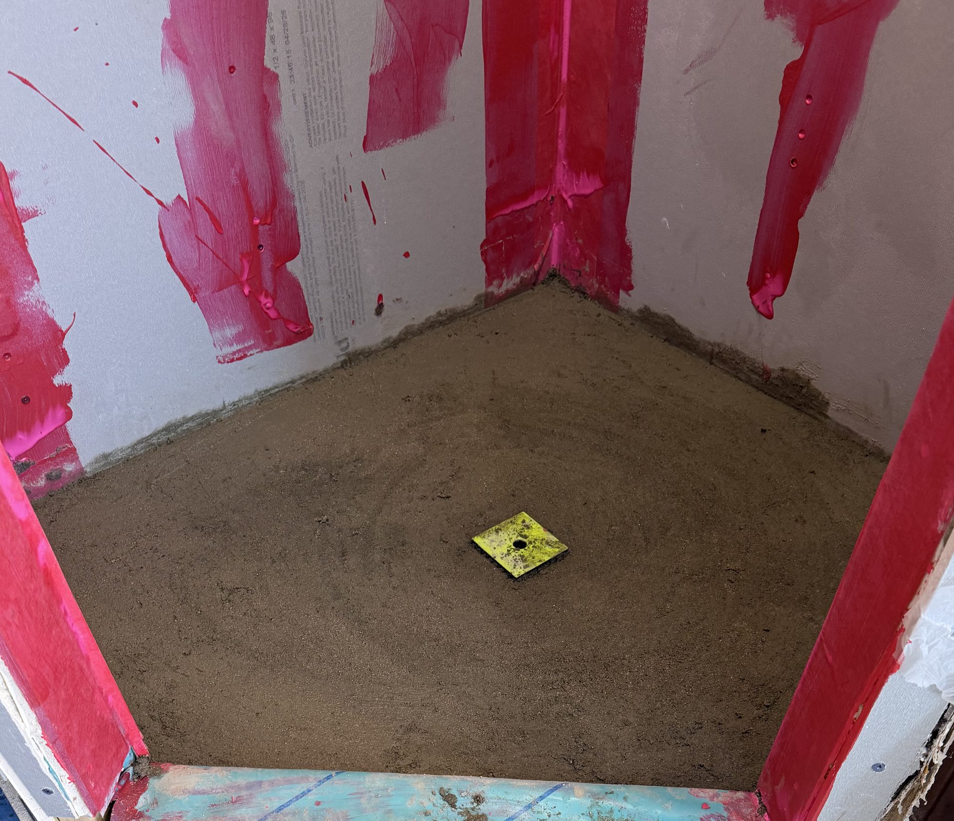 Glass-mat tile backer board with liquid membrane brushed over the joints, corners and fastener heads in a Scottsdale shower rebuild