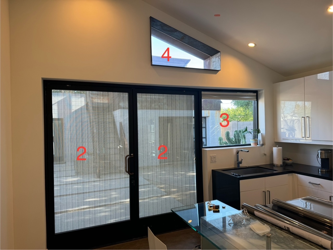 Interior photo with windows numbered 2, 3 and 4 in red to match the written quote request